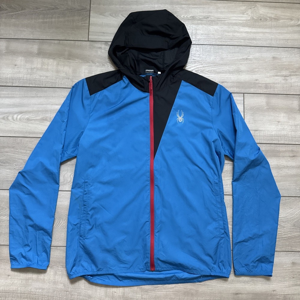 Spyder Mens Full Zip Hoodie Jacket M Blue Black Zipped Pockets Windbreaker Logo